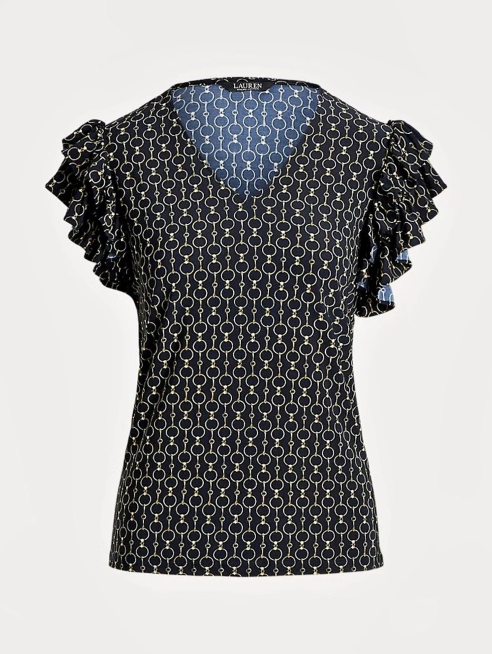 Lauren Ralph Lauren Geometric Chain Print Stretch Jersey Top Ruffle Sleeves Sz M